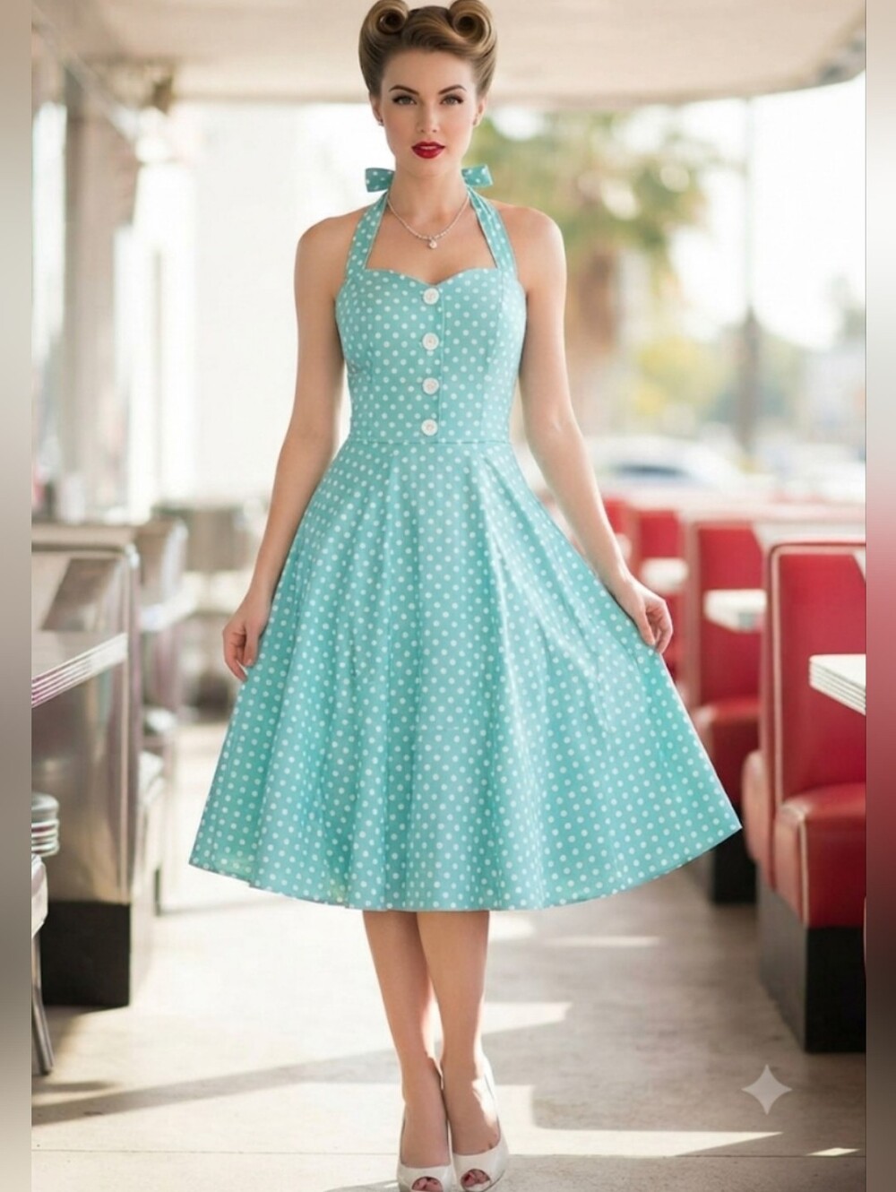 Retro Turquoise Polka Dot Halter Dress - Pin-up Rockabilly Style - Size M